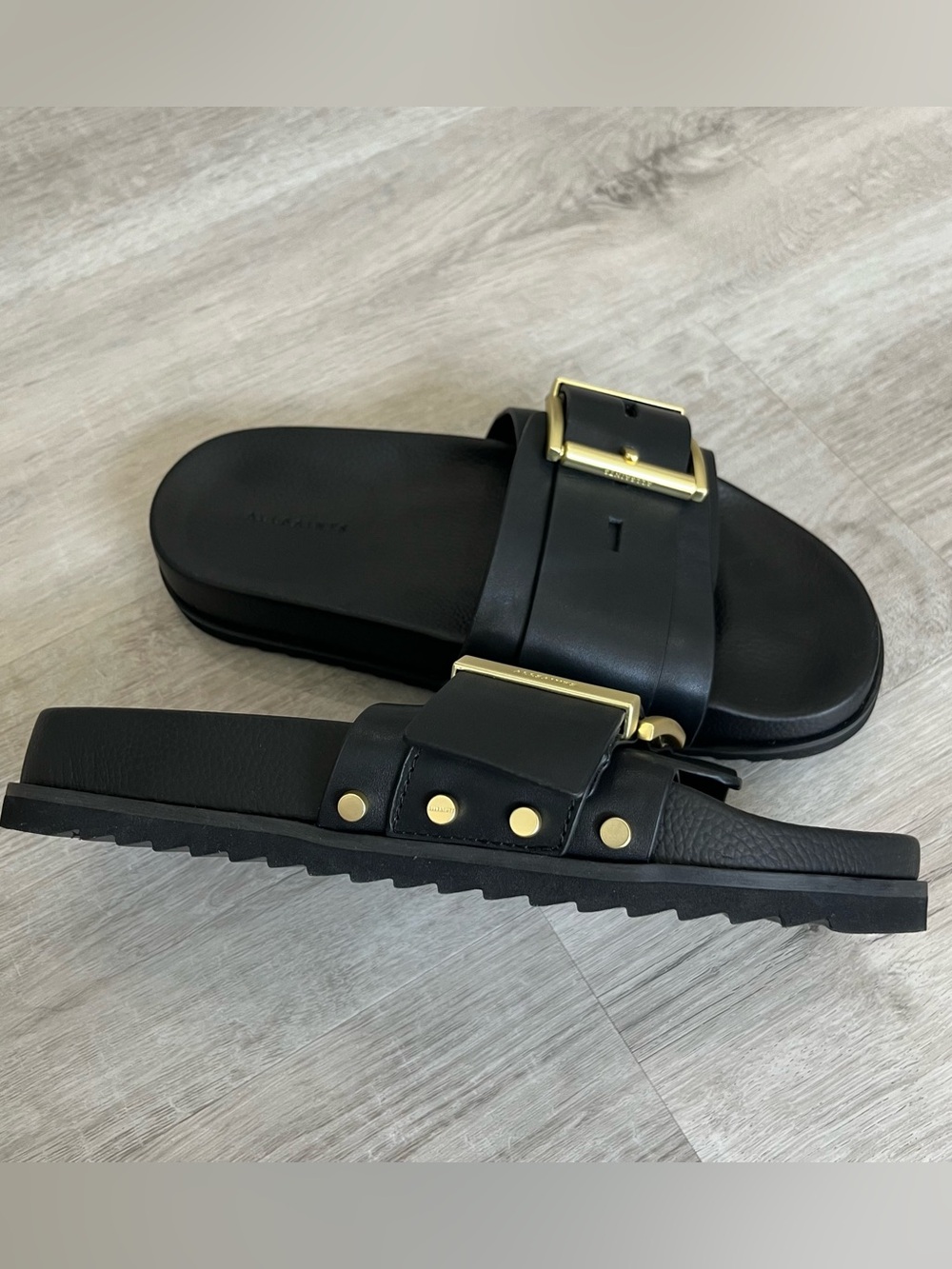 AllSaints Ellie Stud Slider Black Leather Gold Sandal Shoe 9 / EU 39 NWT NWOB - Picture 4 of 11
